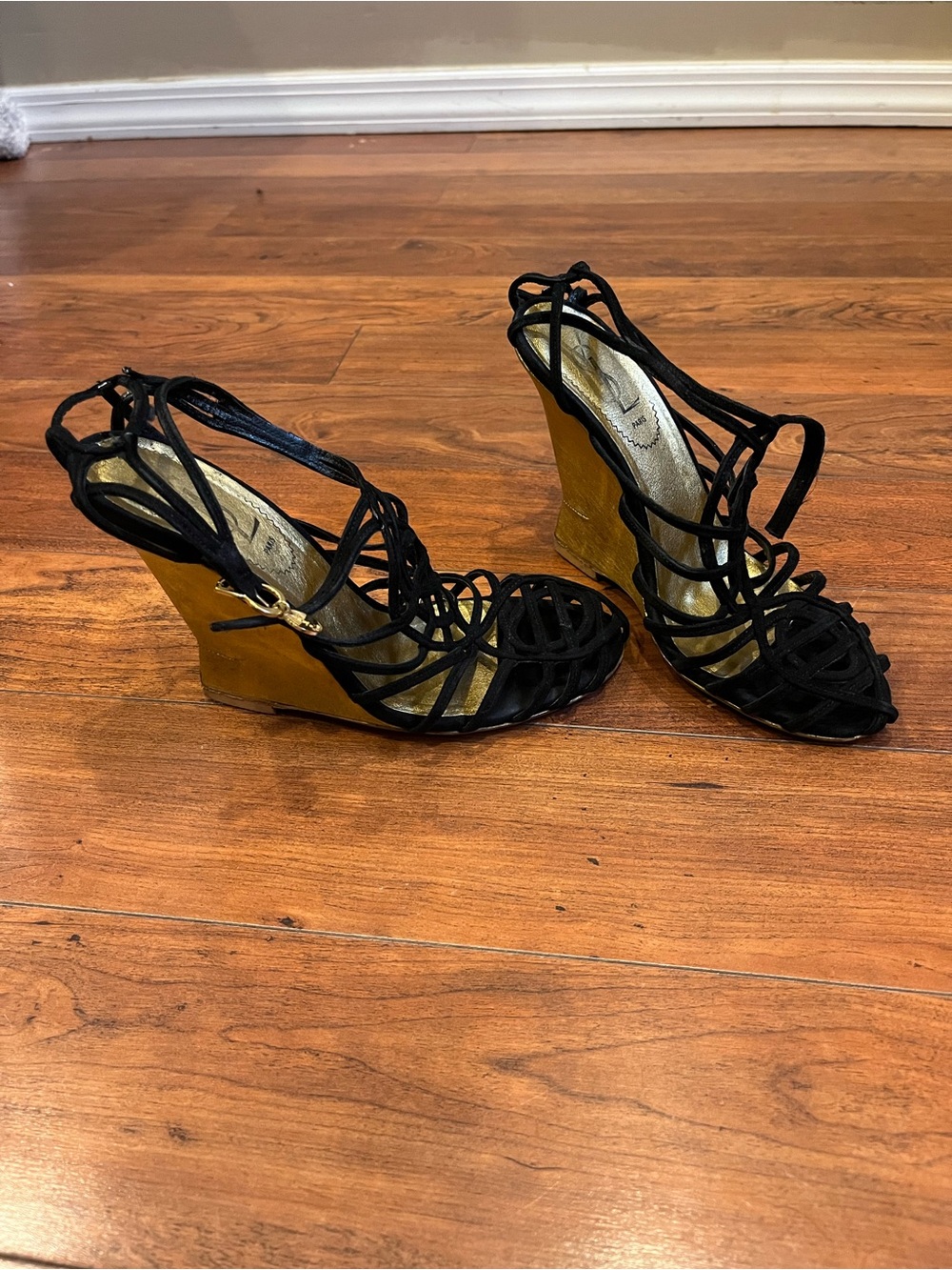 Saint Laurent Black Strappy Wedge Sandals with Gold Wedge Heel
